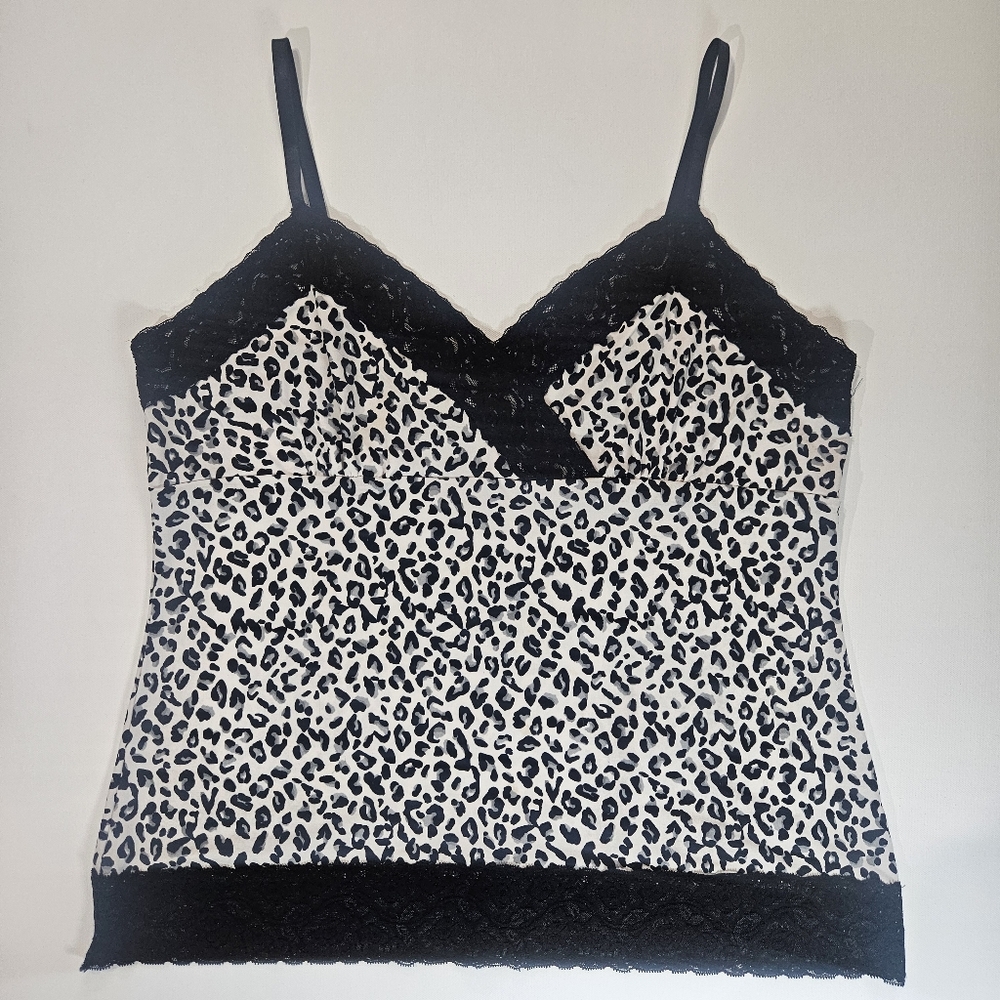 White House Black Market‎ Lace Cami Top Womens XL Black White Leopard Print Y2K